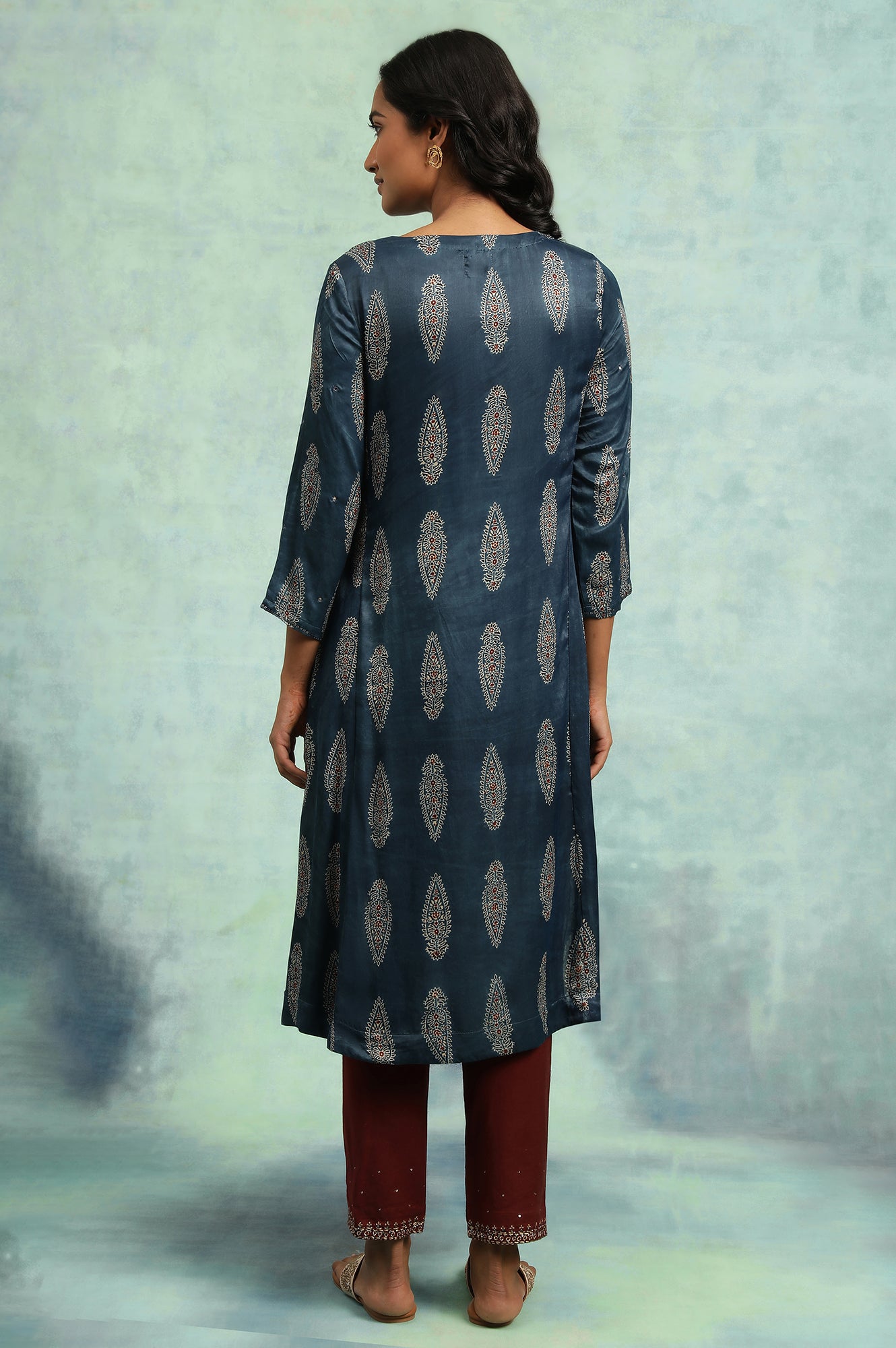 Indigo Ajrakh kurta In Lustrous Satin