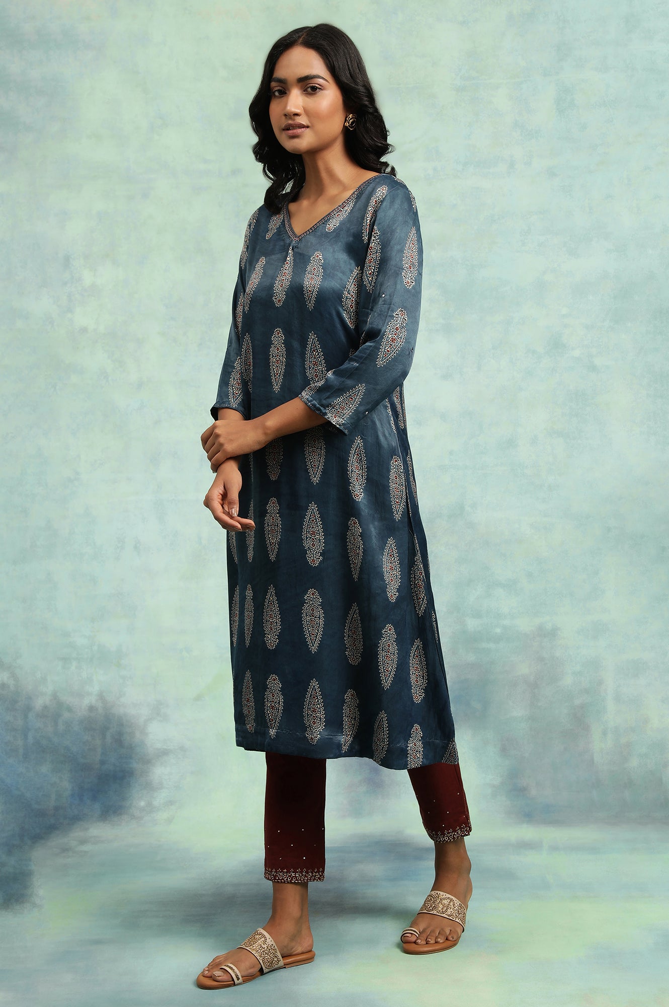 Indigo Ajrakh kurta In Lustrous Satin