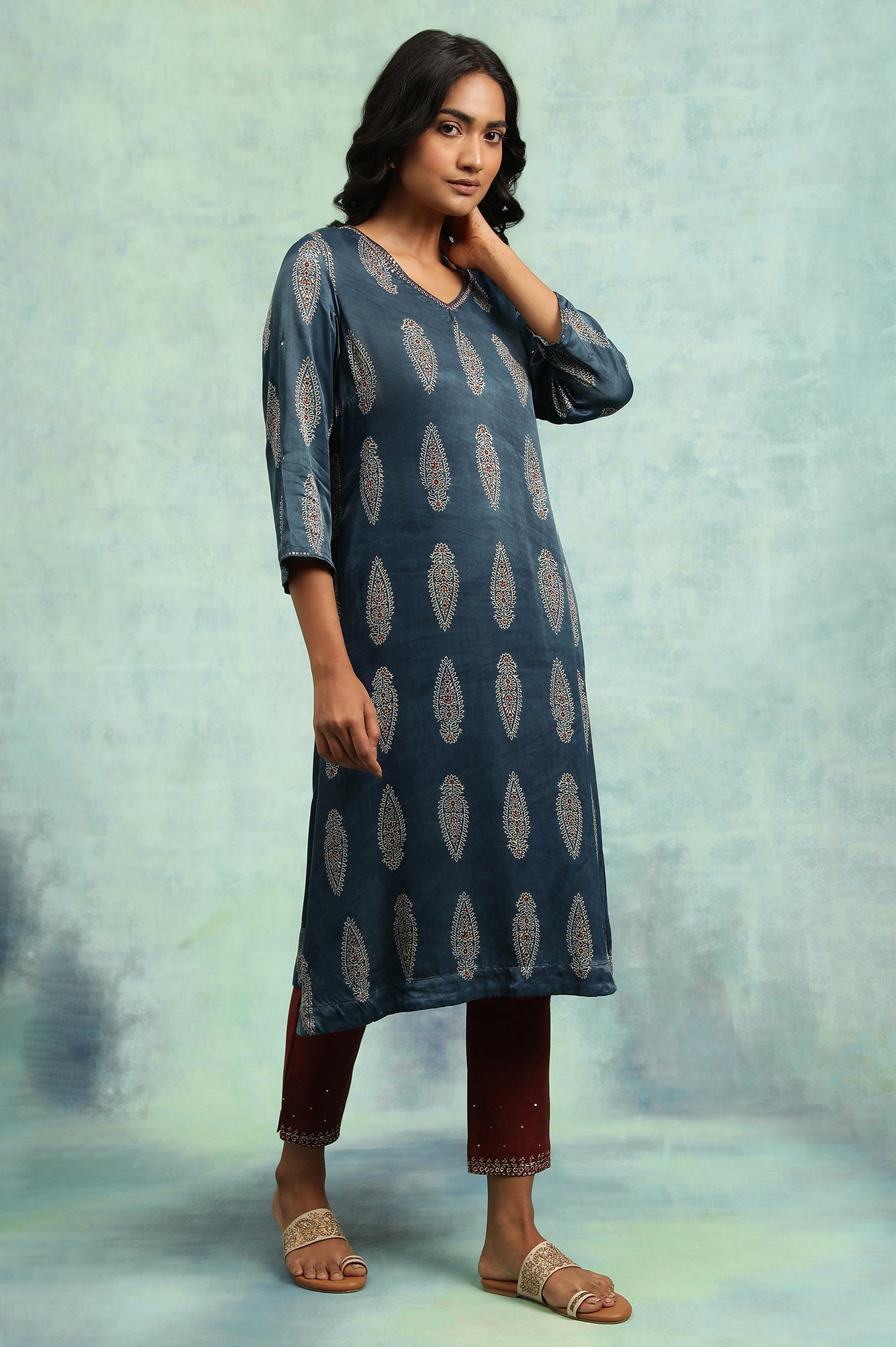 Indigo Ajrakh kurta In Lustrous Satin