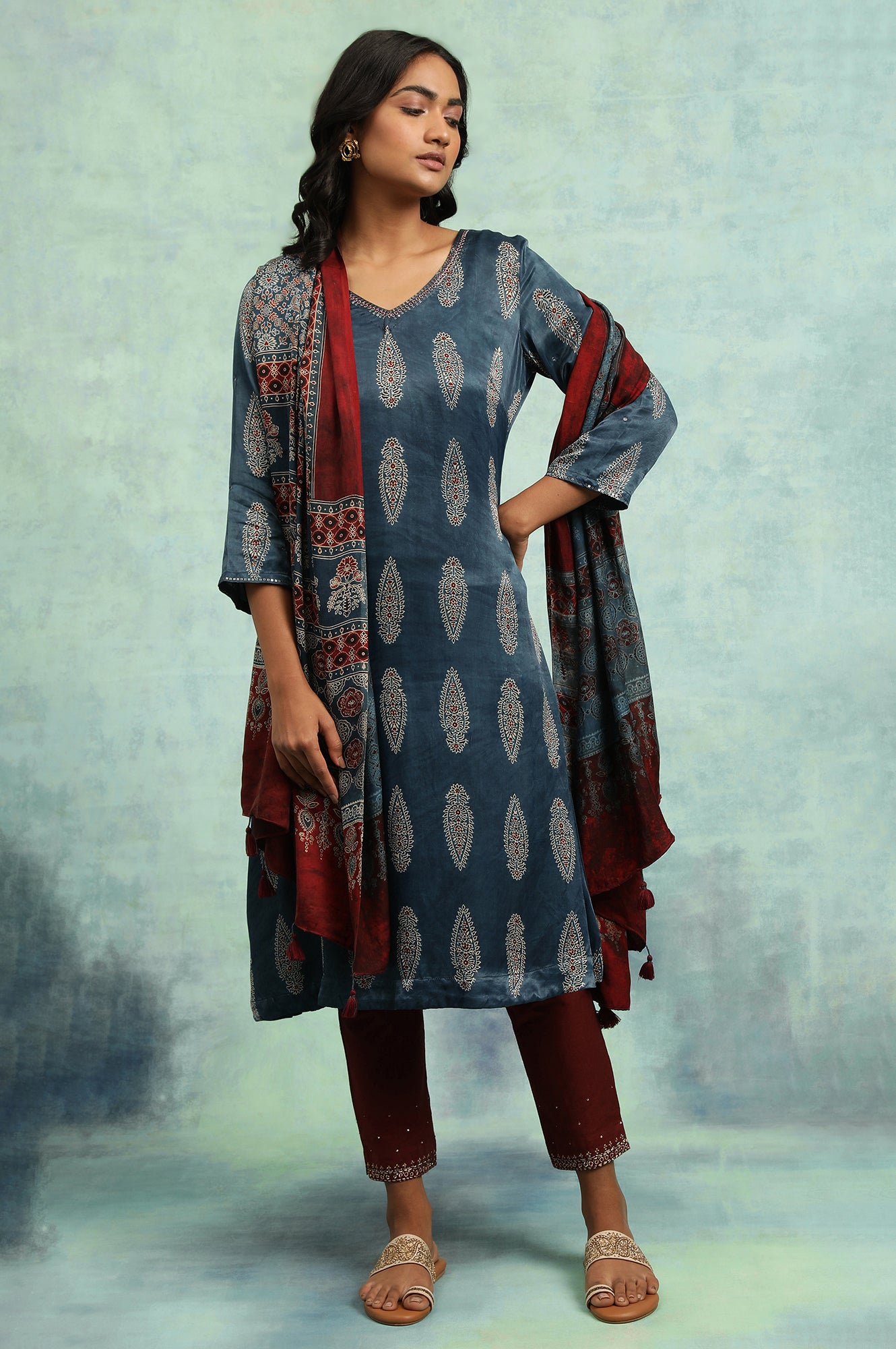 Indigo Ajrakh kurta In Lustrous Satin