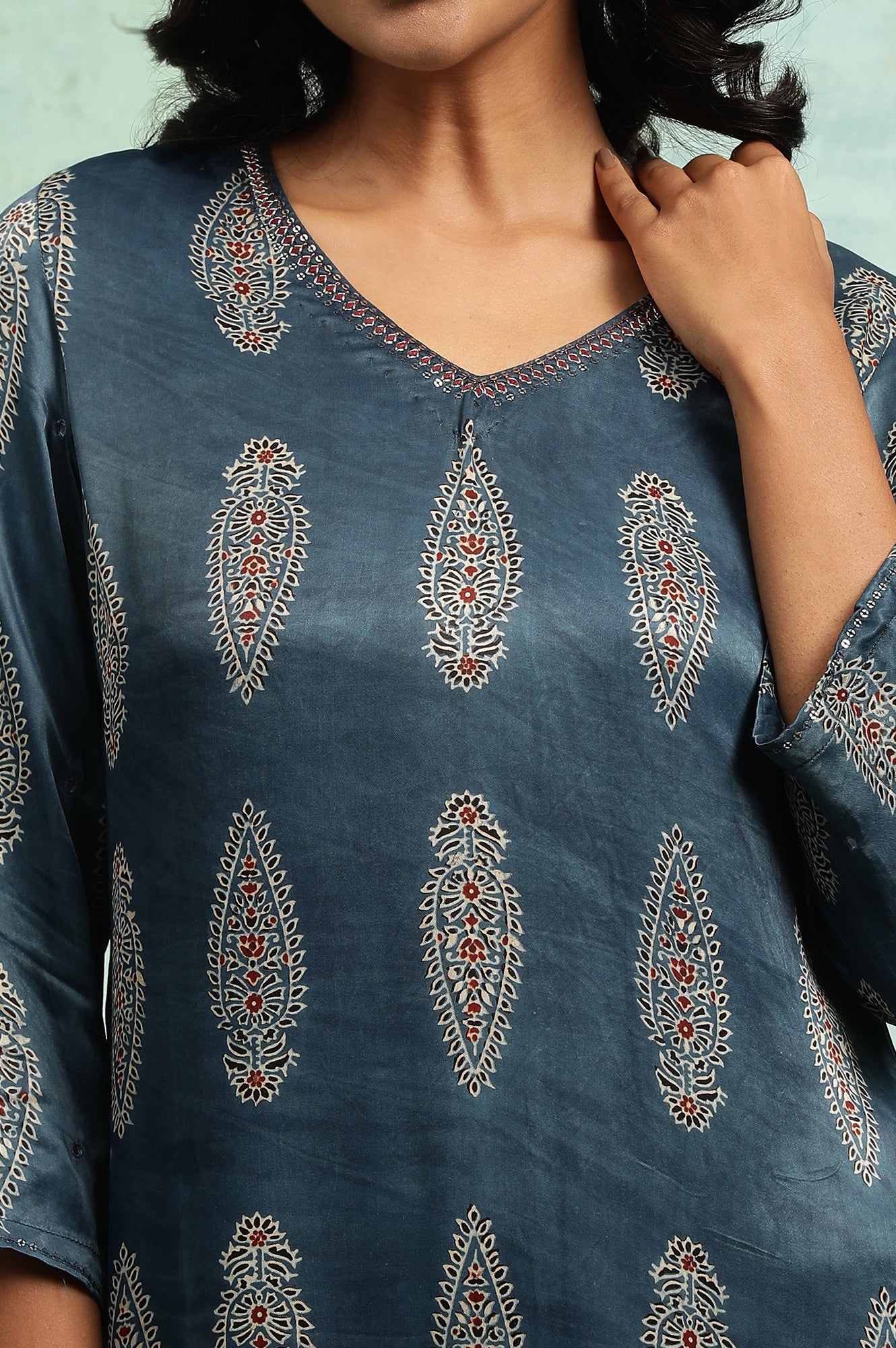 Indigo Ajrakh kurta In Lustrous Satin