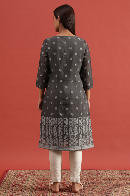 Grey Cotton Silk Jacquard Kurta With Embroidery