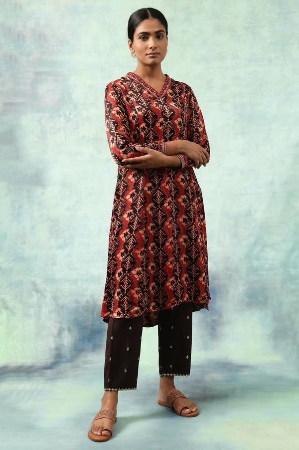 Brick Red Flared Ajrakh Print Satin kurta