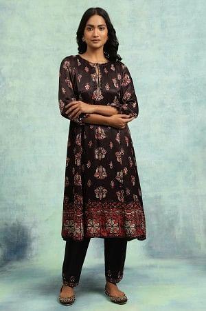 Dark Brown Ajrakh Print Flared Kurta - wforwoman