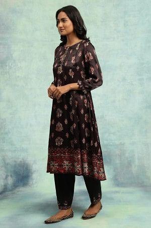 Dark Brown Ajrakh Print Flared Kurta - wforwoman