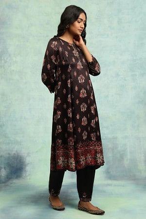 Dark Brown Ajrakh Print Flared Kurta - wforwoman