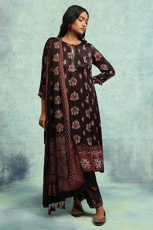 Dark Brown Ajrakh Print Flared Kurta - wforwoman