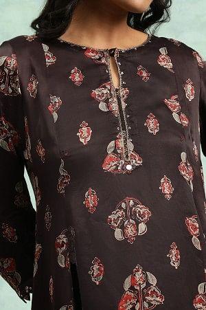 Dark Brown Ajrakh Print Flared Kurta - wforwoman