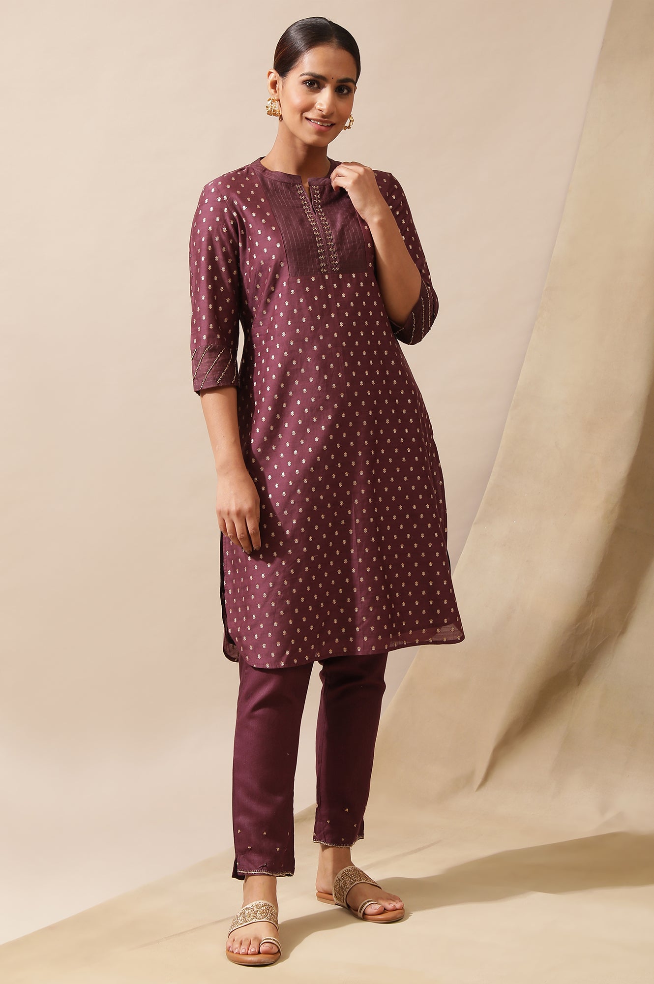 Prune Cotton Silk Jacquard Kurta