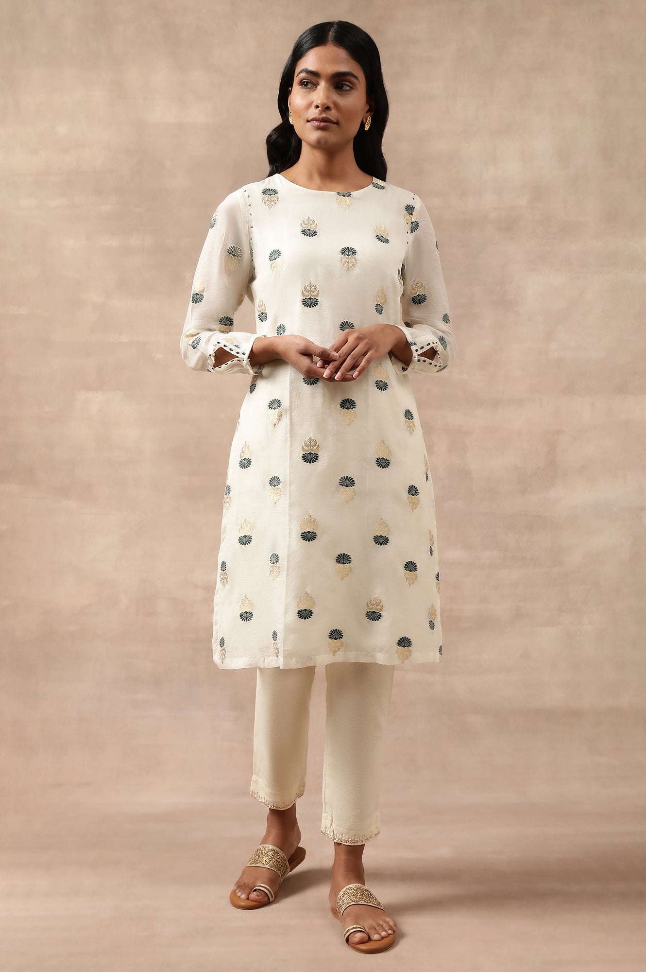 Ecru Embroidered Cotton Silk Jacquard kurta