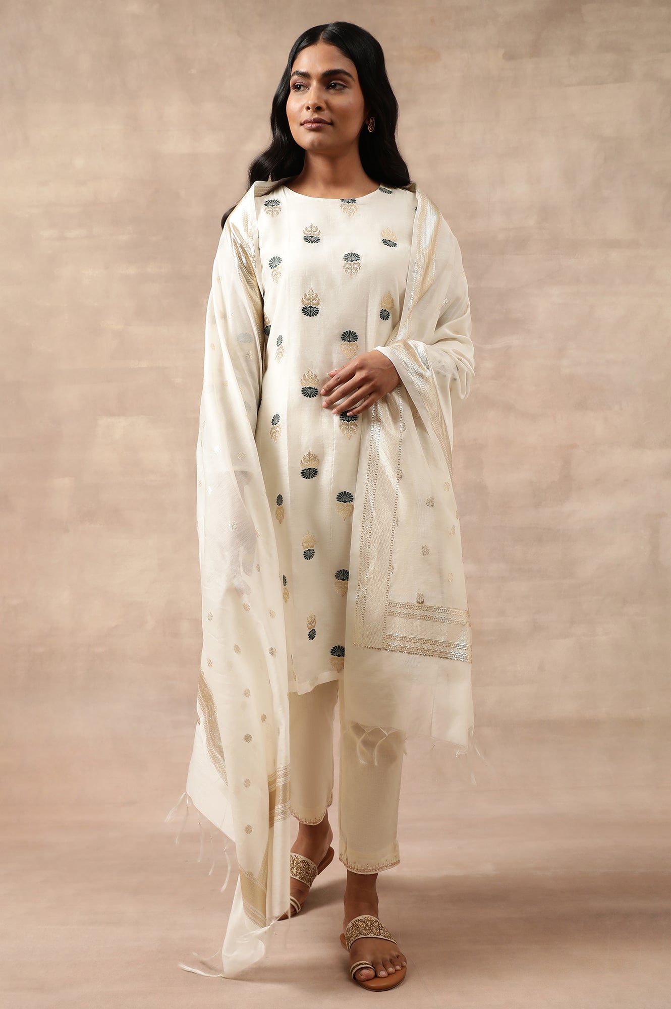 Ecru Embroidered Cotton Silk Jacquard kurta