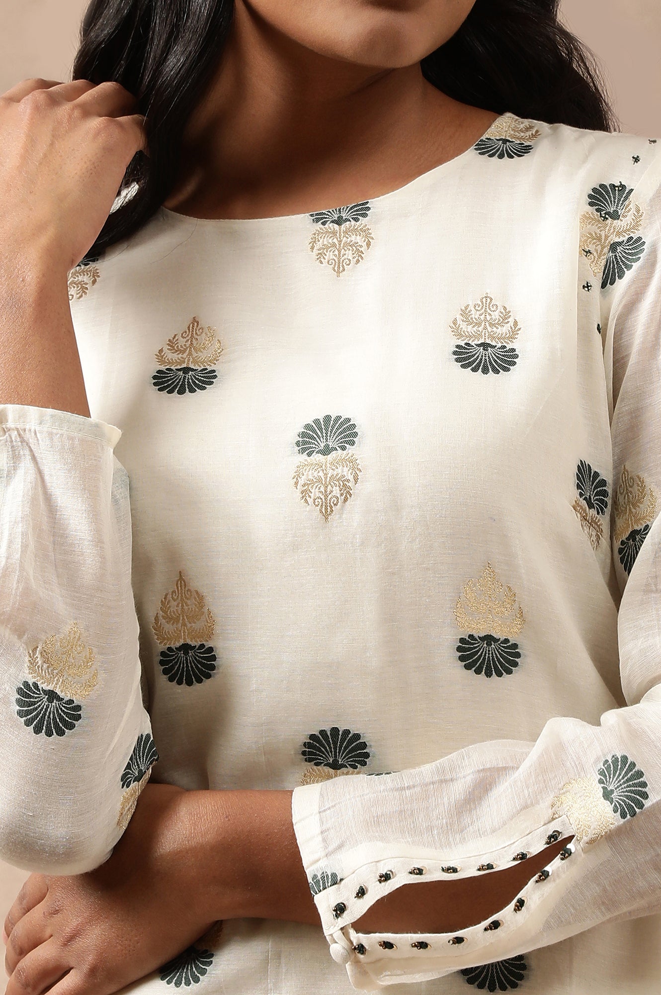 Ecru Embroidered Cotton Silk Jacquard kurta