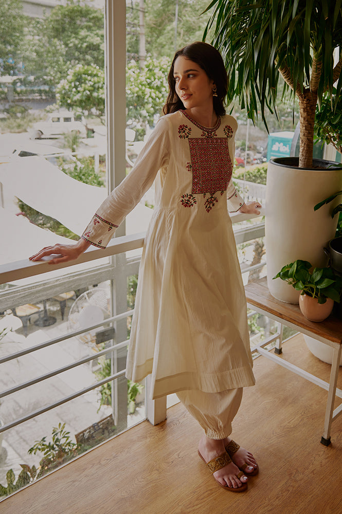 Aari Embroidered Flared kurta In Cotton Voile