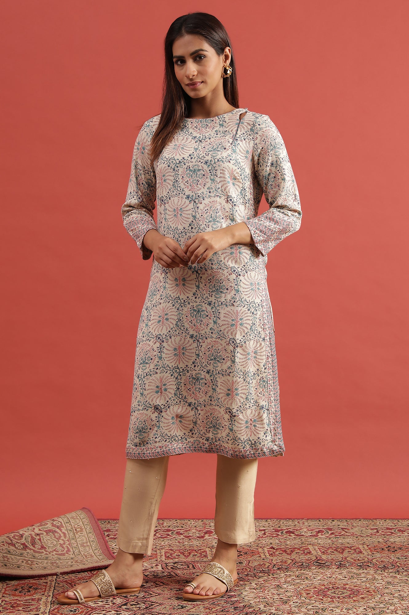 Ecru Hand Block Print Kurta In Rayon Flax