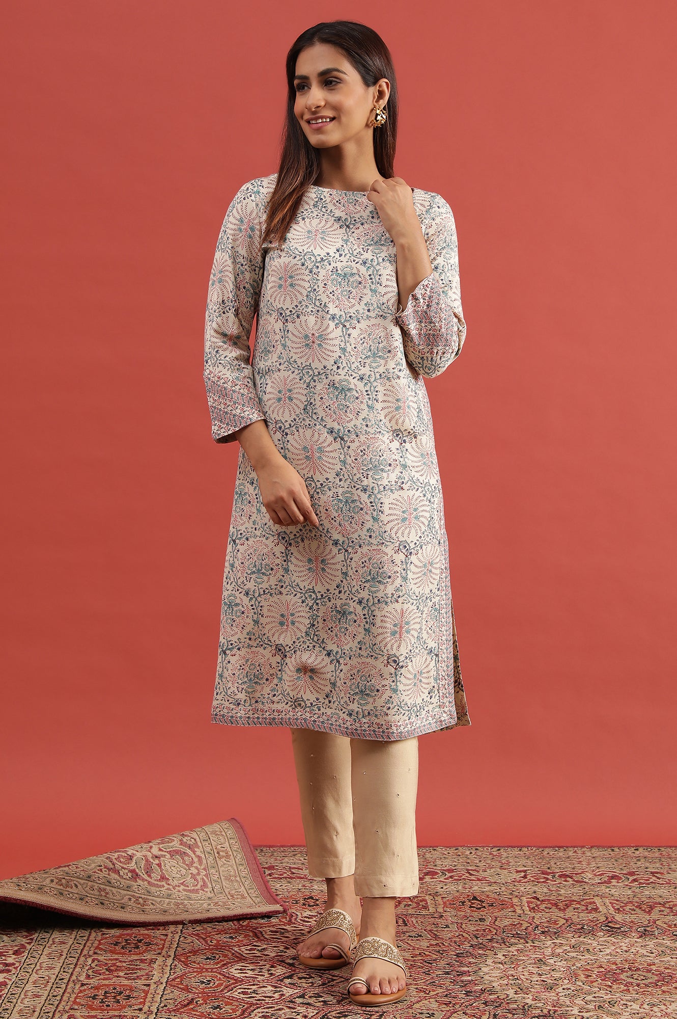 Ecru Hand Block Print Kurta In Rayon Flax