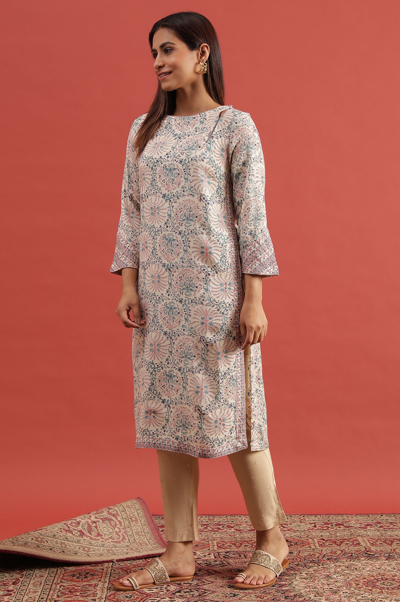 Ecru Hand Block Print Kurta In Rayon Flax