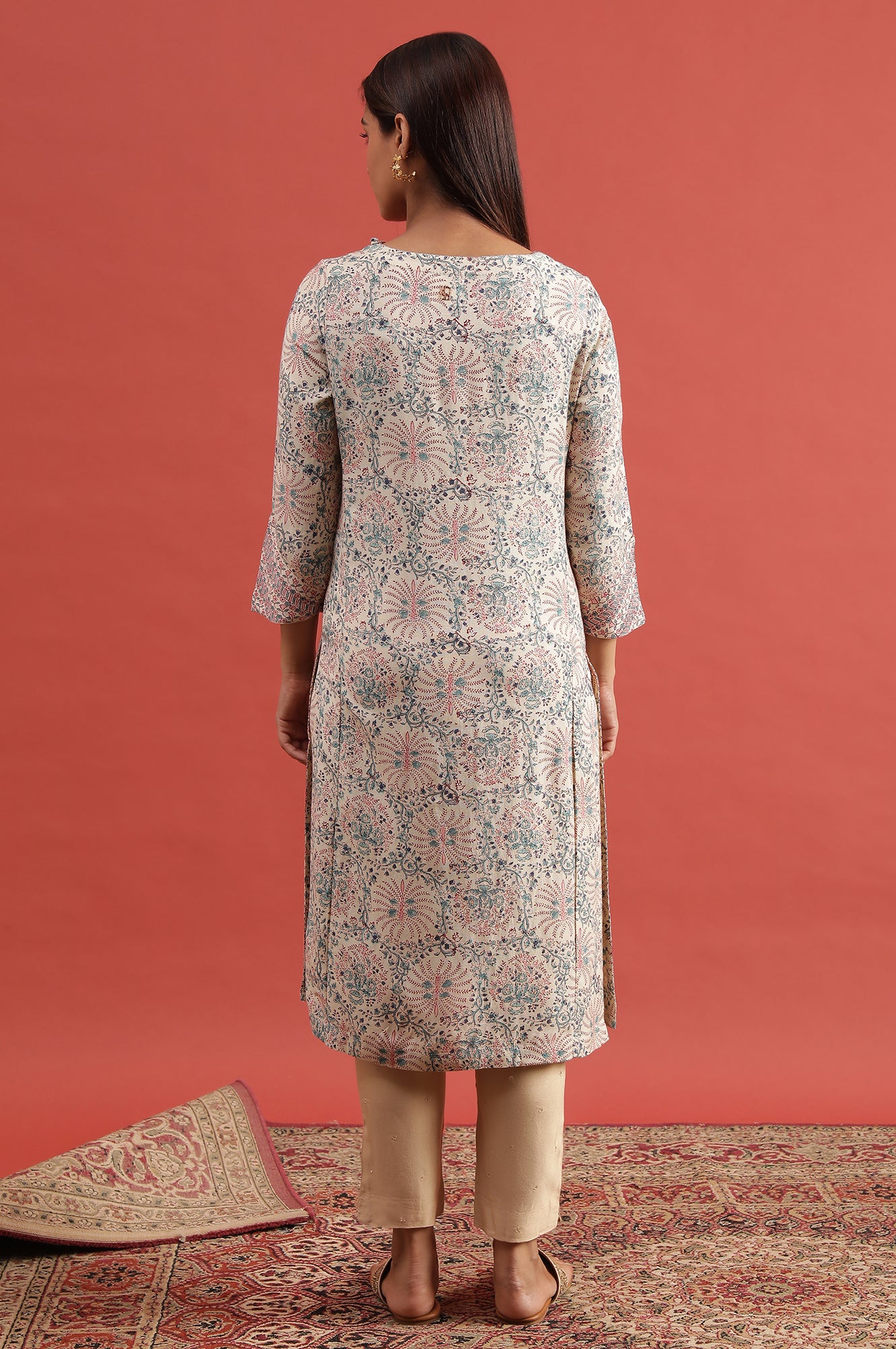 Ecru Hand Block Print Kurta In Rayon Flax