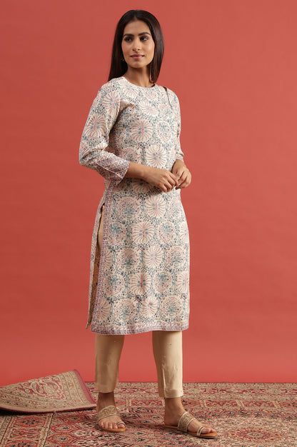 Ecru Hand Block Print Kurta In Rayon Flax