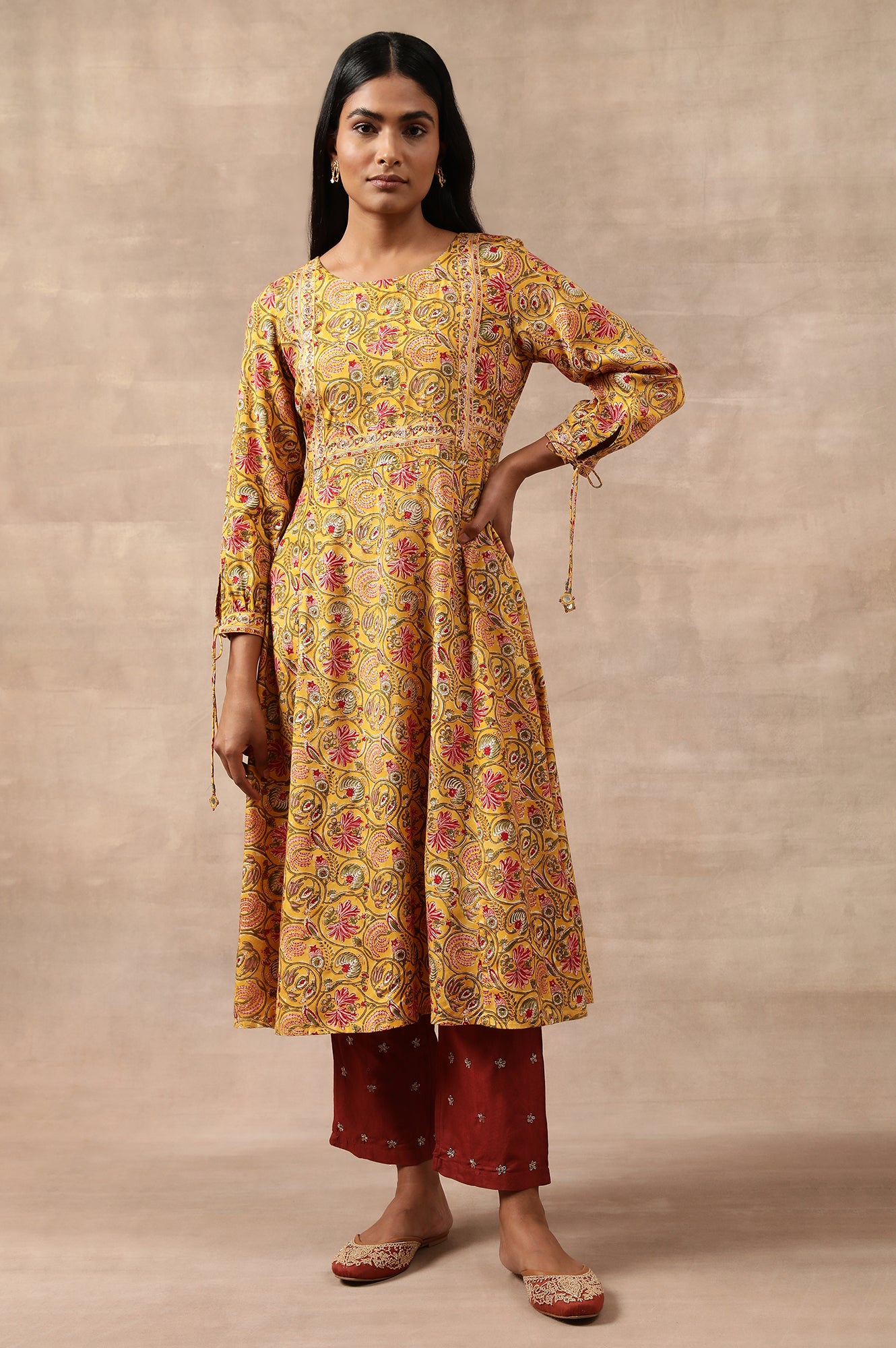 Yellow Multicoloured Floral Hand Block Print kurta