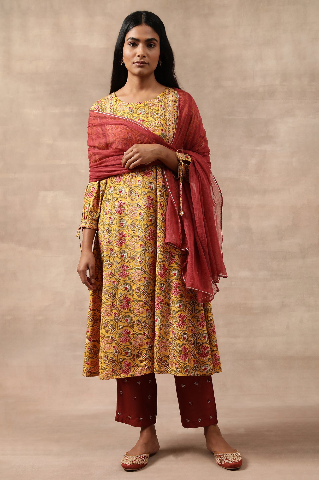 Yellow Multicoloured Floral Hand Block Print kurta