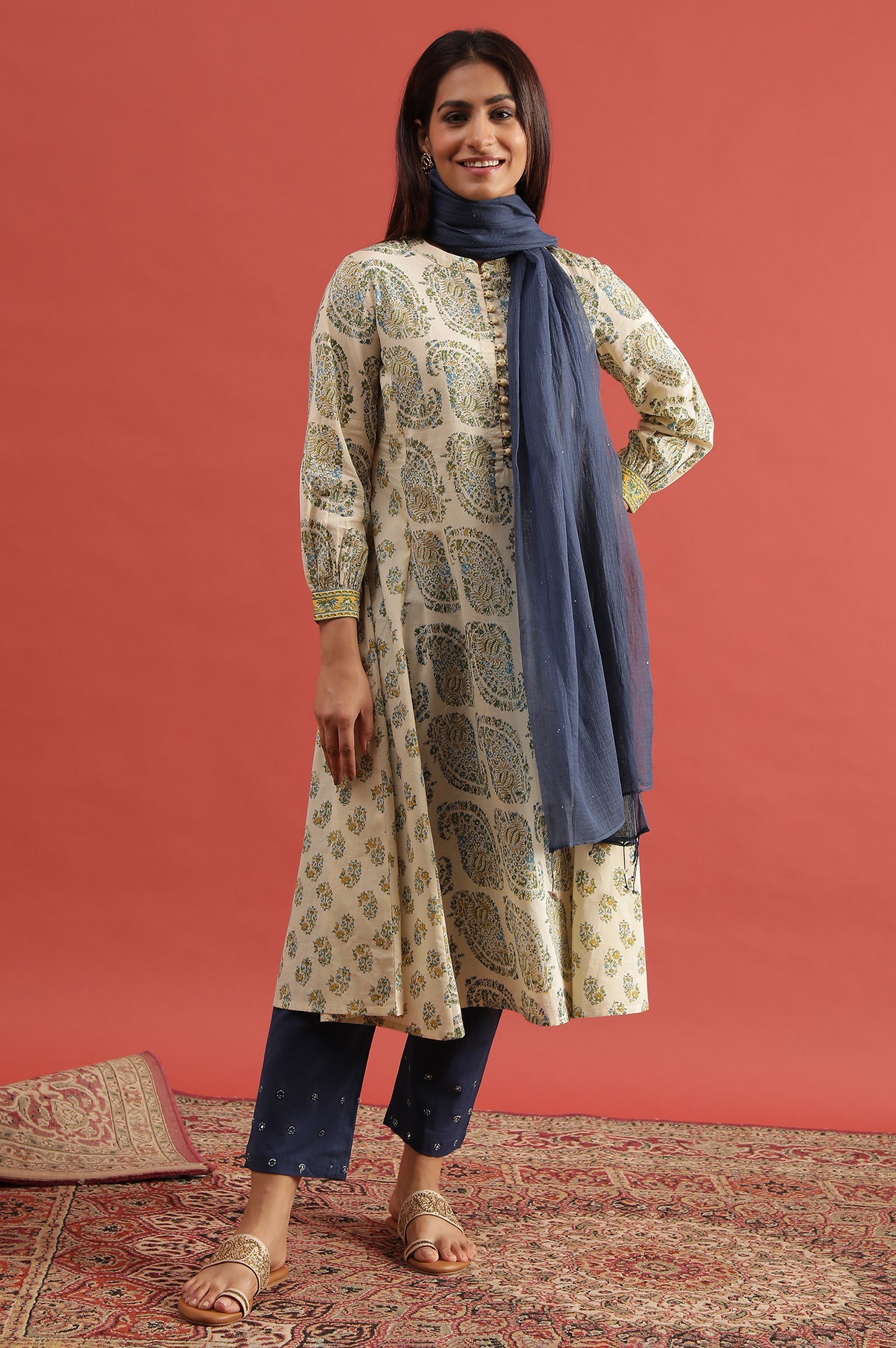 Pale Yellow Flared Buti Print Cotton Kurta