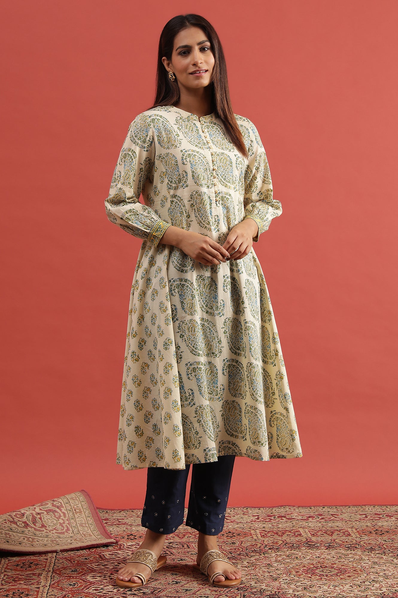 Pale Yellow Flared Buti Print Cotton Kurta