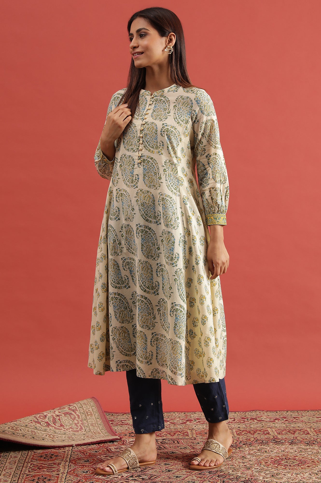 Pale Yellow Flared Buti Print Cotton Kurta