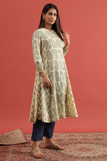 Pale Yellow Flared Buti Print Cotton Kurta