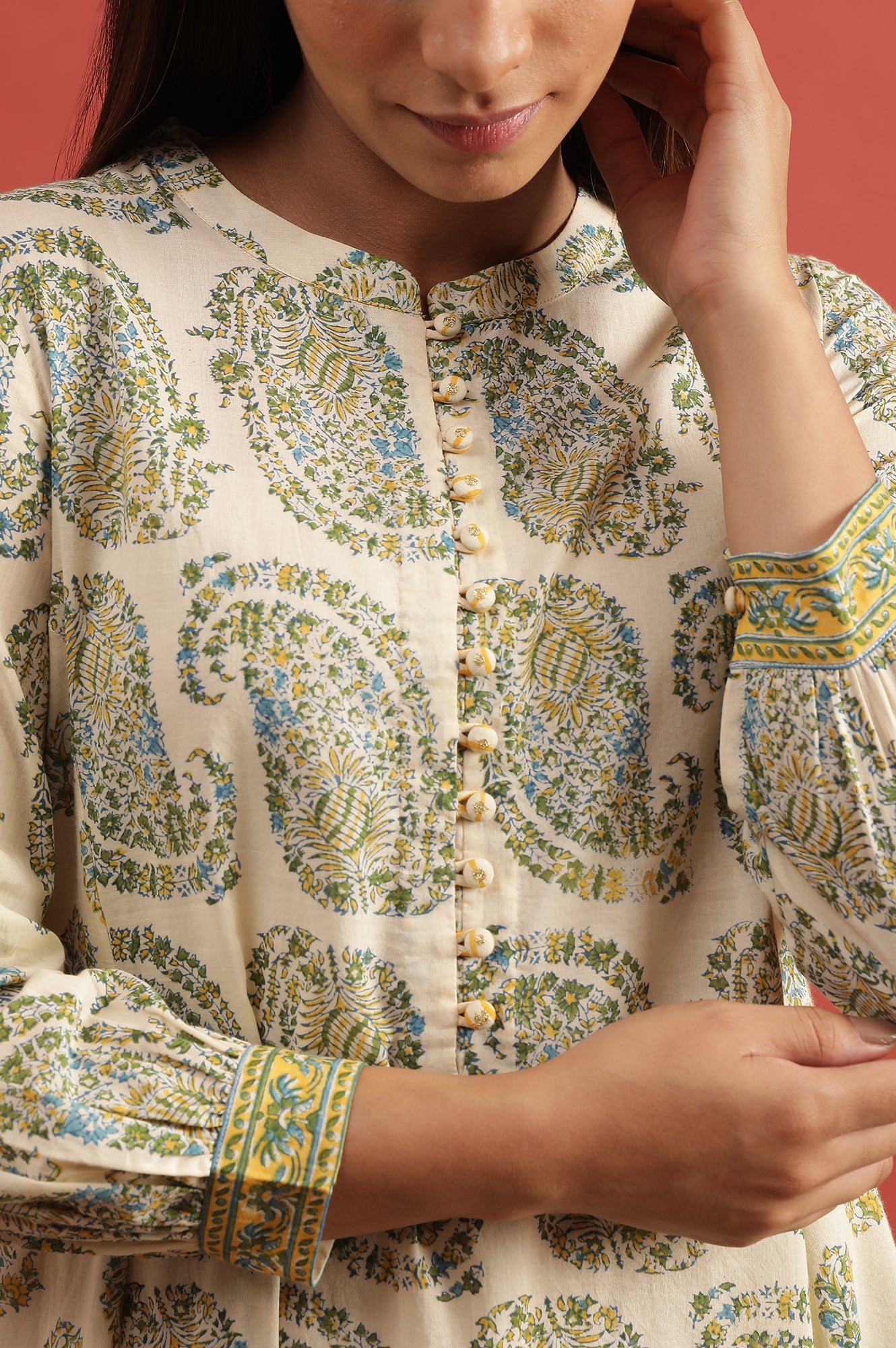 Pale Yellow Flared Buti Print Cotton Kurta