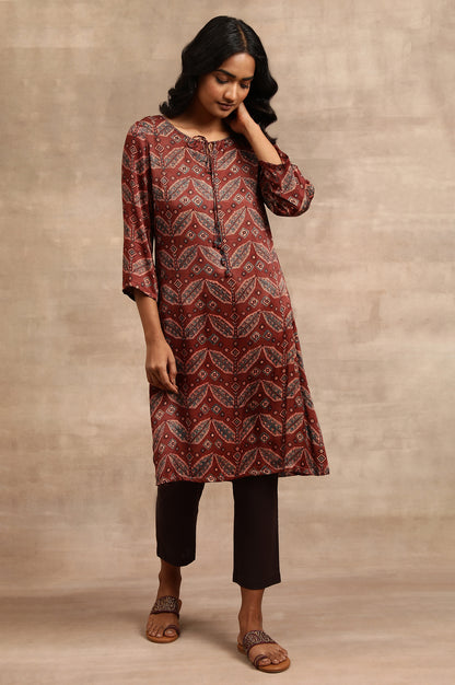 Brick Red Ajrakh kurta In Lustrous Satin