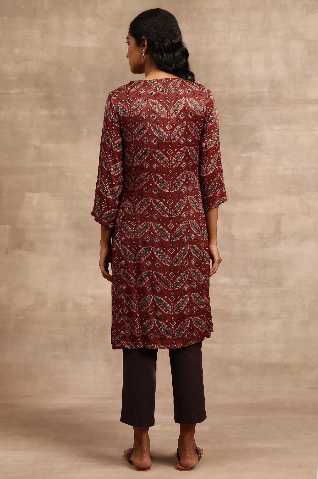 Brick Red Ajrakh kurta In Lustrous Satin