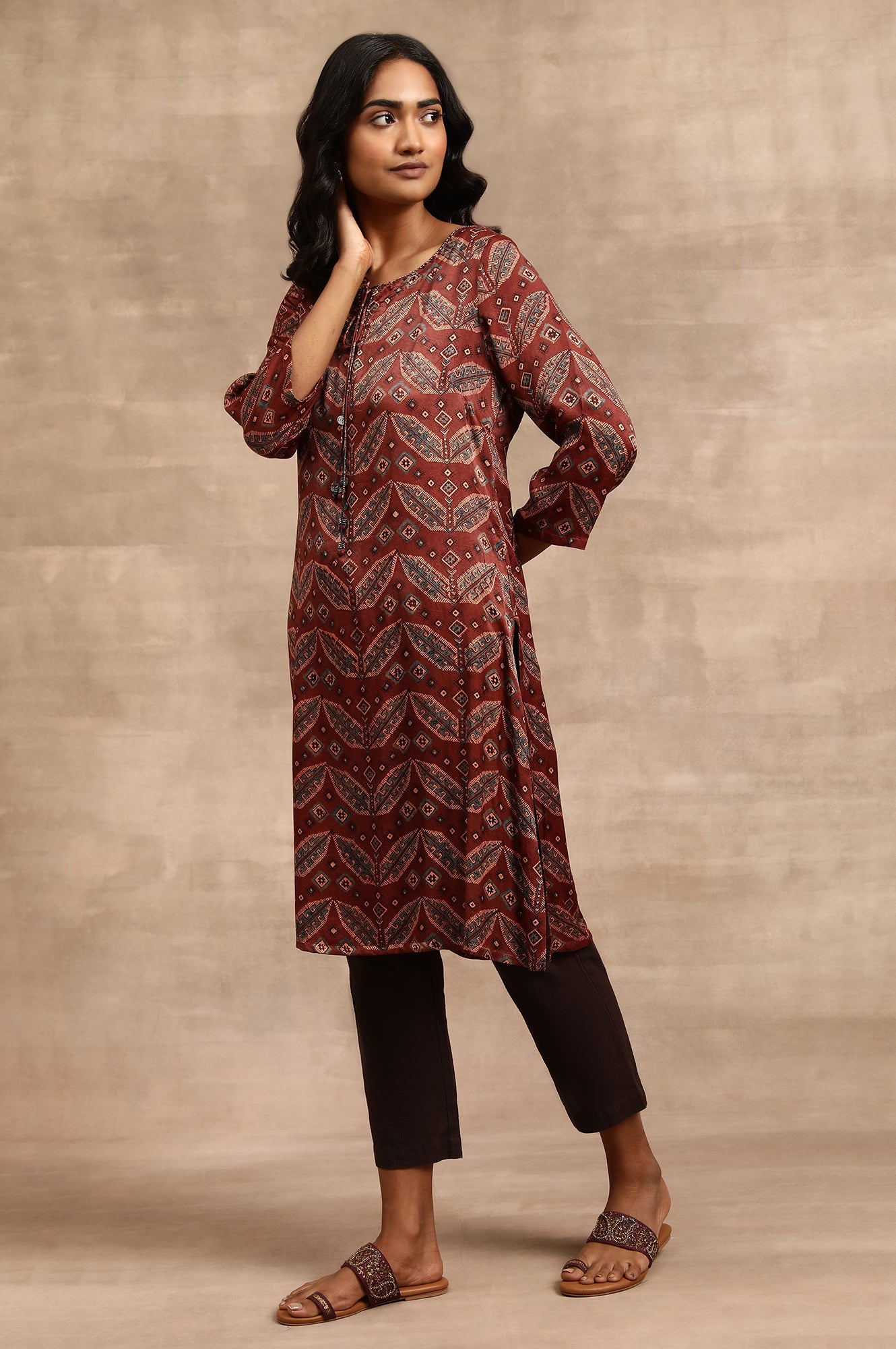 Brick Red Ajrakh kurta In Lustrous Satin