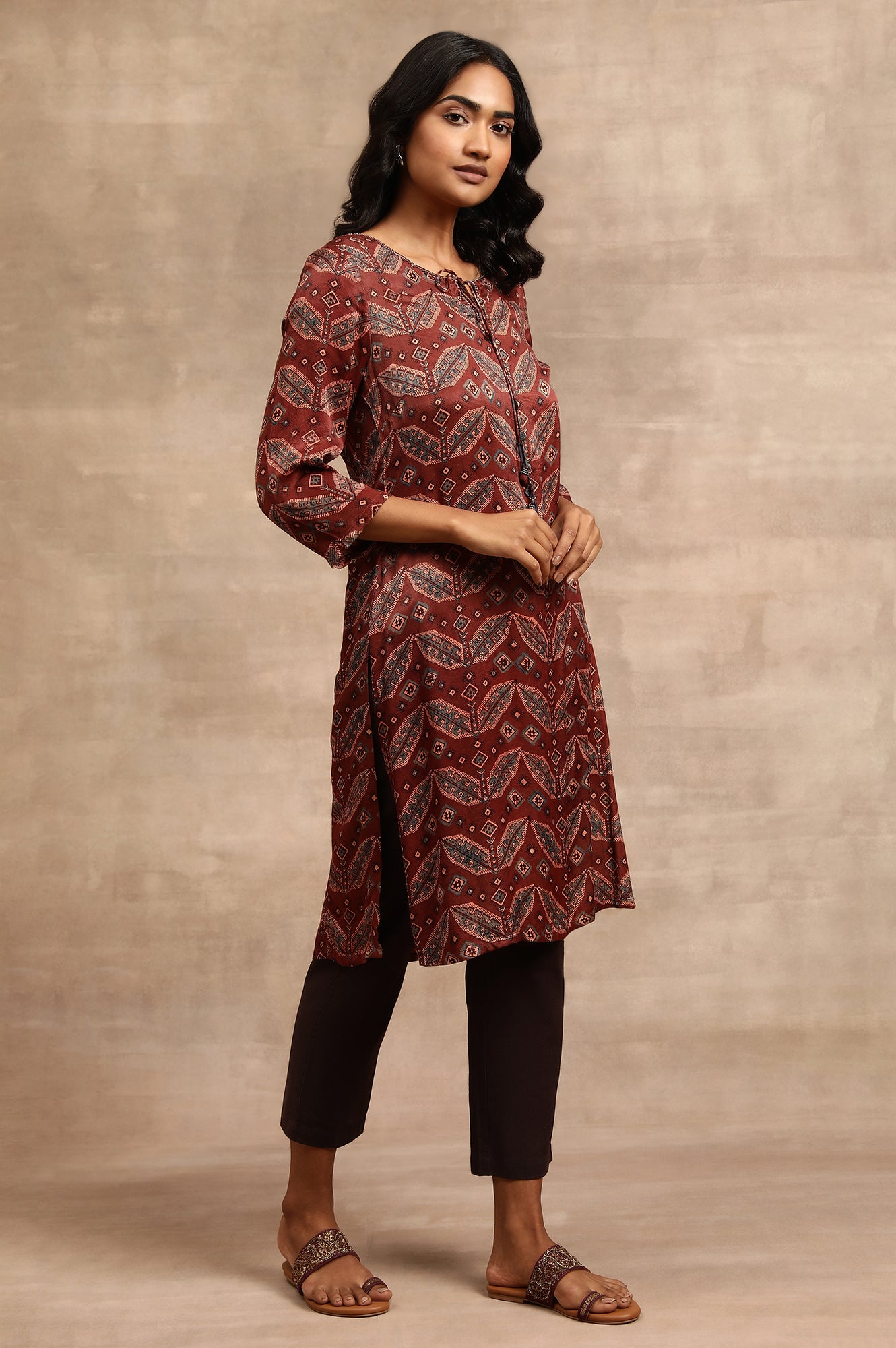 Brick Red Ajrakh kurta In Lustrous Satin