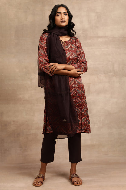 Brick Red Ajrakh kurta In Lustrous Satin