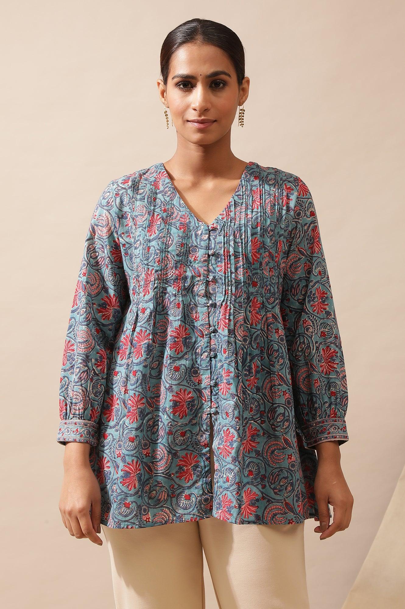 Blue Hand Block Printed Top - wforwoman