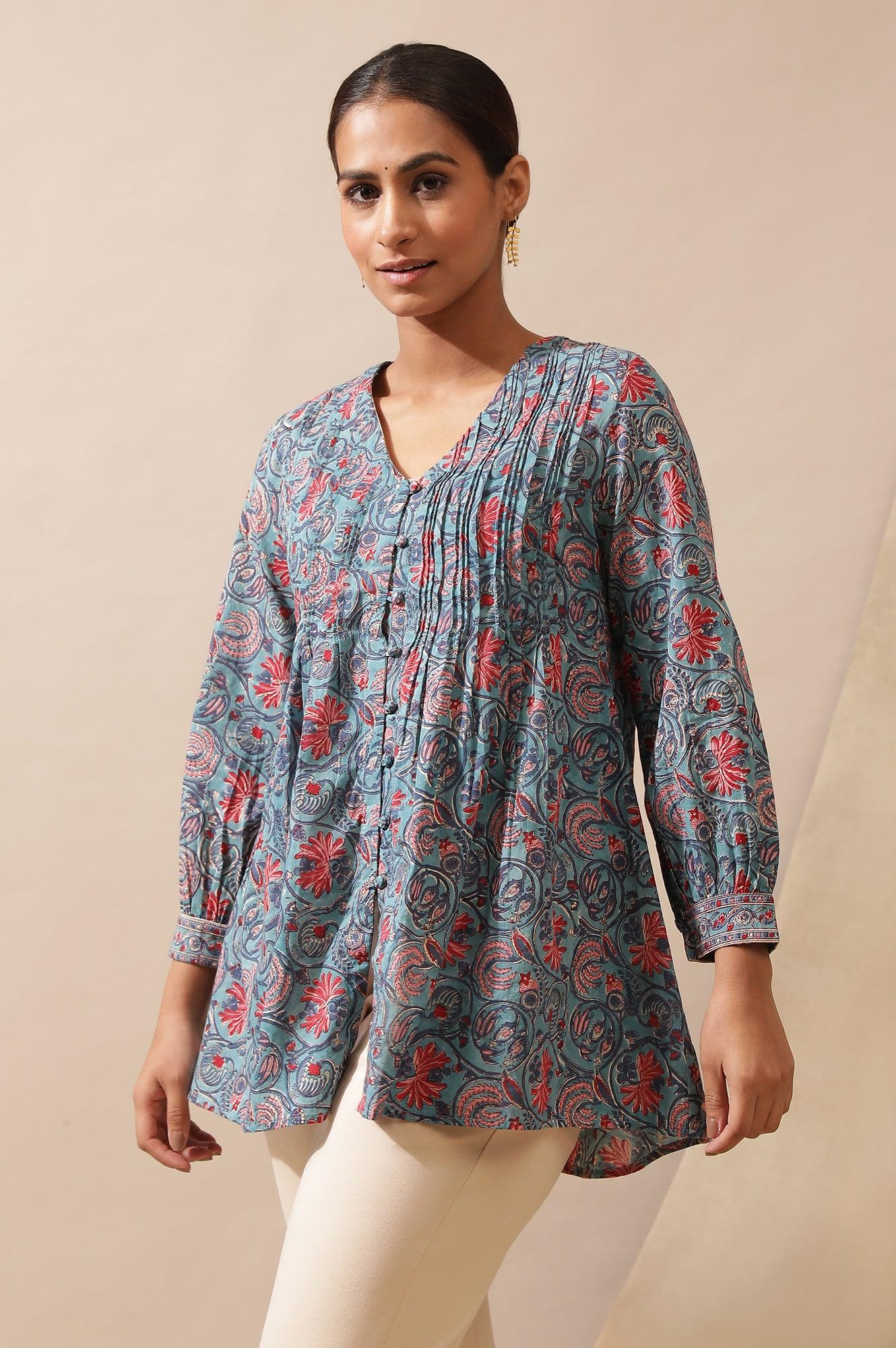 Blue Hand Block Printed Top - wforwoman