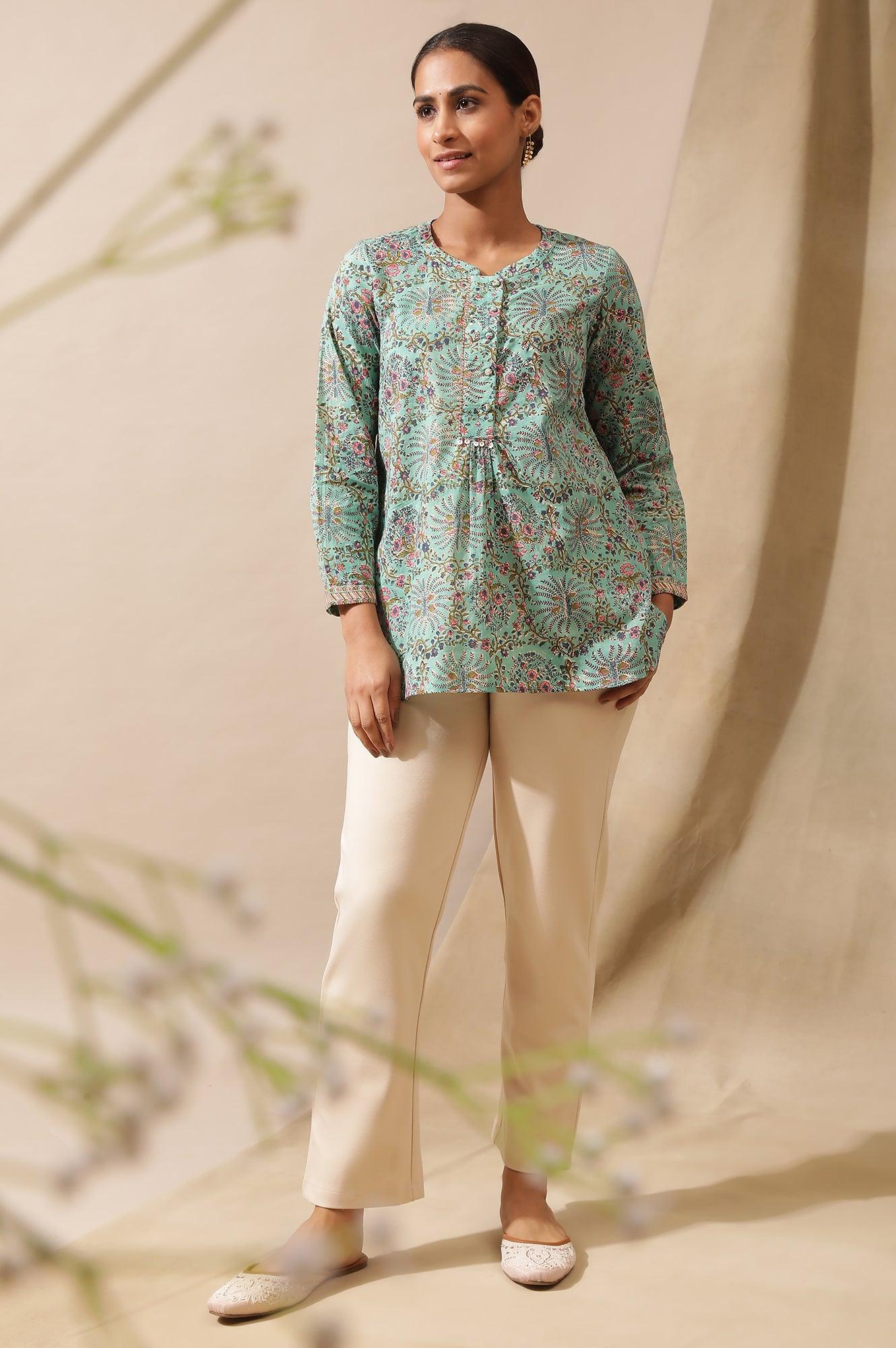 Mist Green Hand Block Printed Top - wforwoman