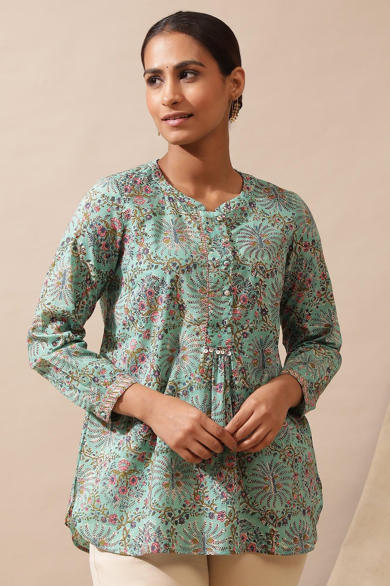 Mist Green Hand Block Printed Top - wforwoman