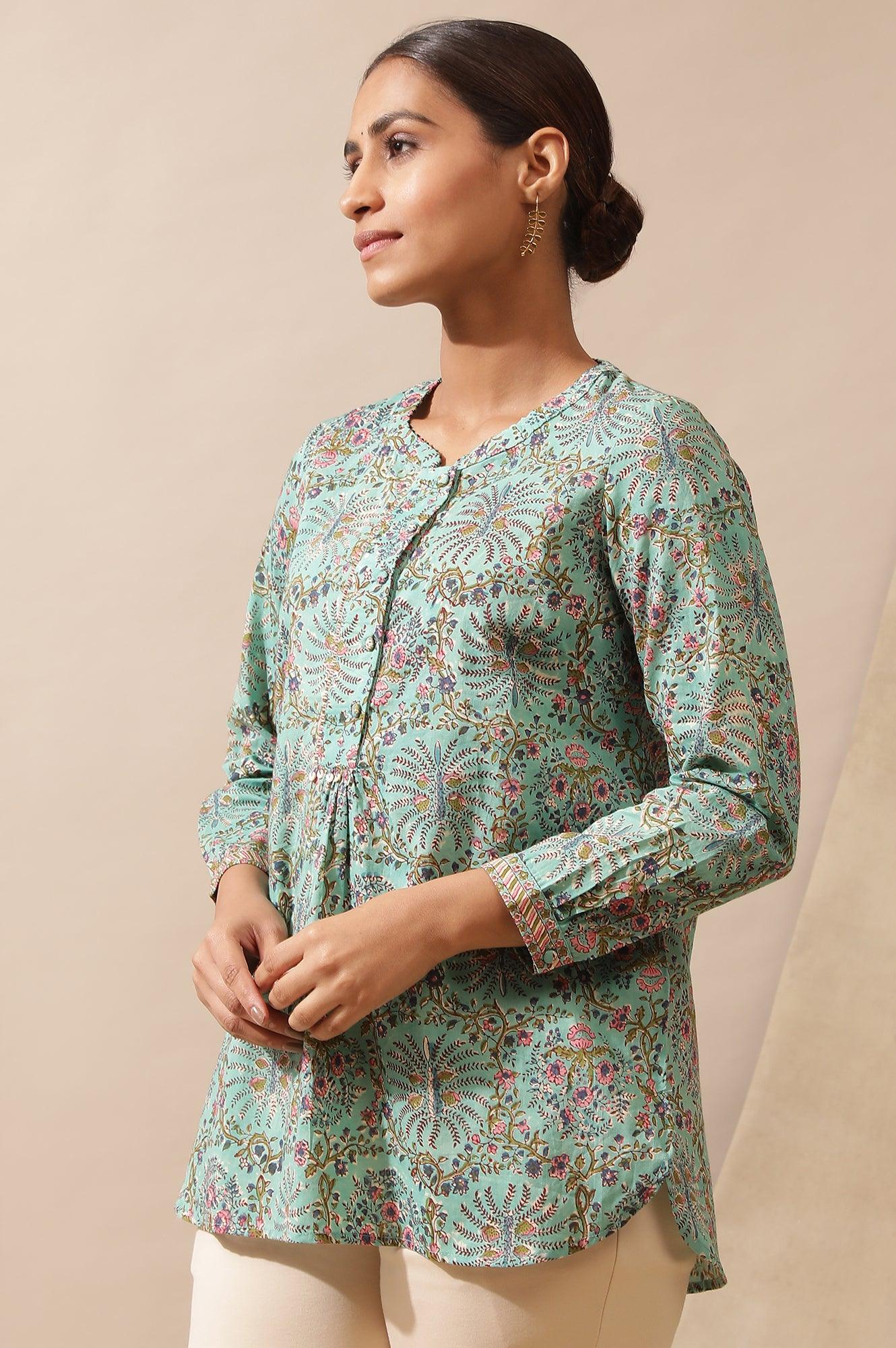 Mist Green Hand Block Printed Top - wforwoman