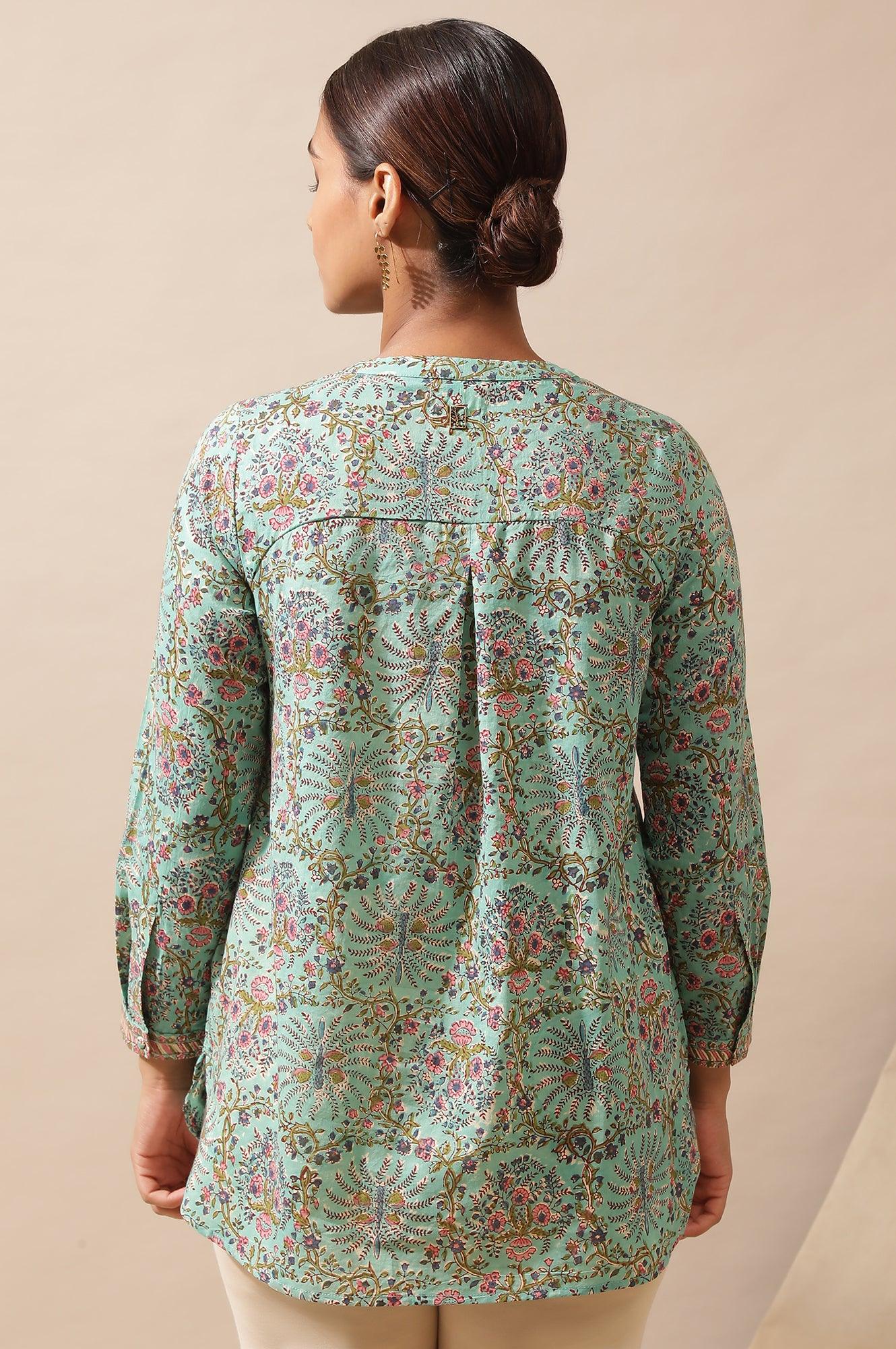 Mist Green Hand Block Printed Top - wforwoman