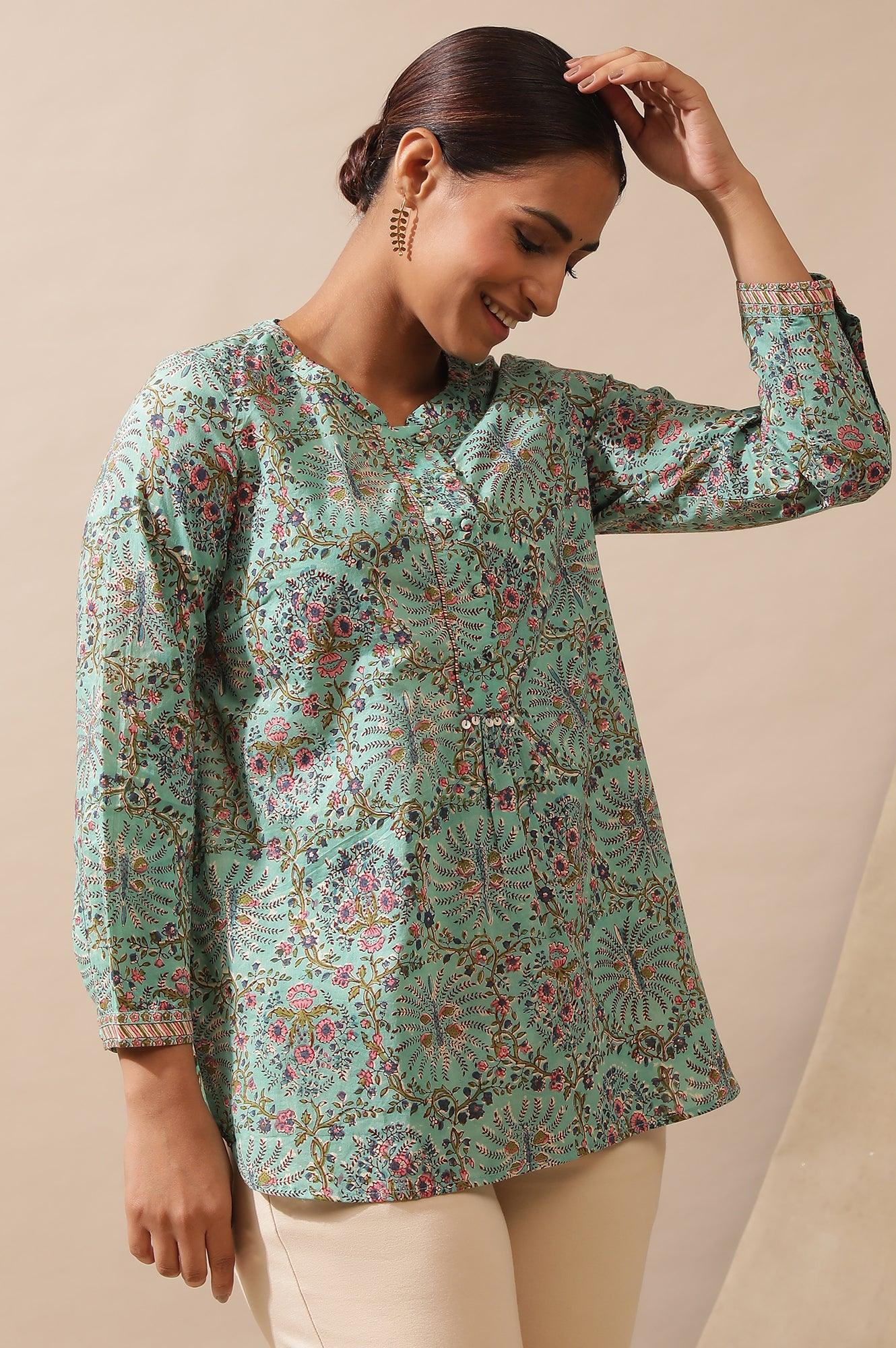 Mist Green Hand Block Printed Top - wforwoman