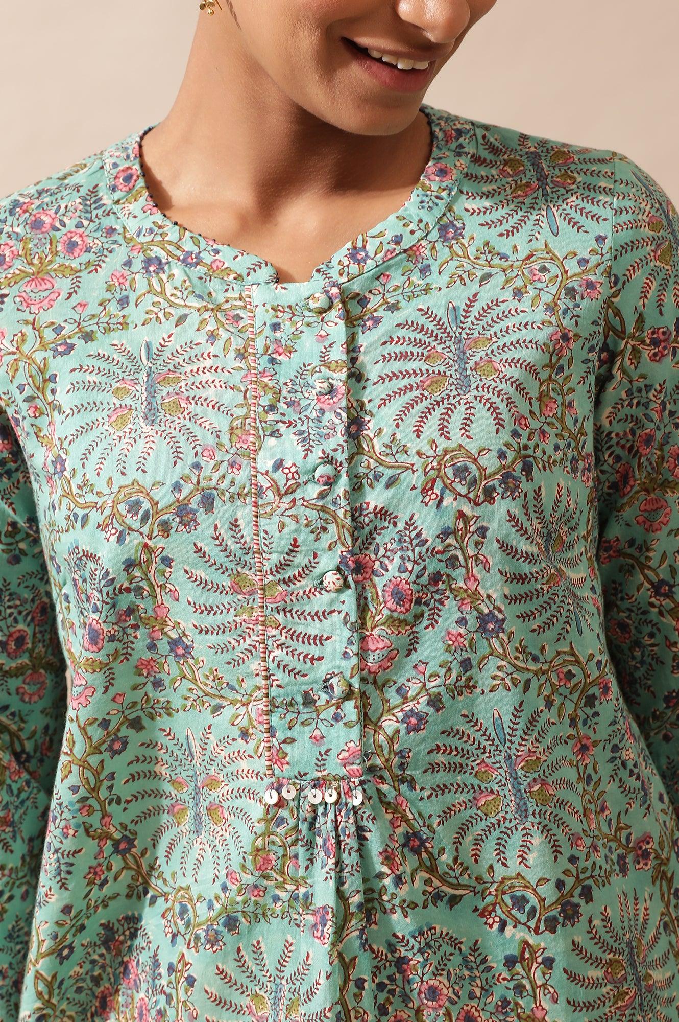 Mist Green Hand Block Printed Top - wforwoman