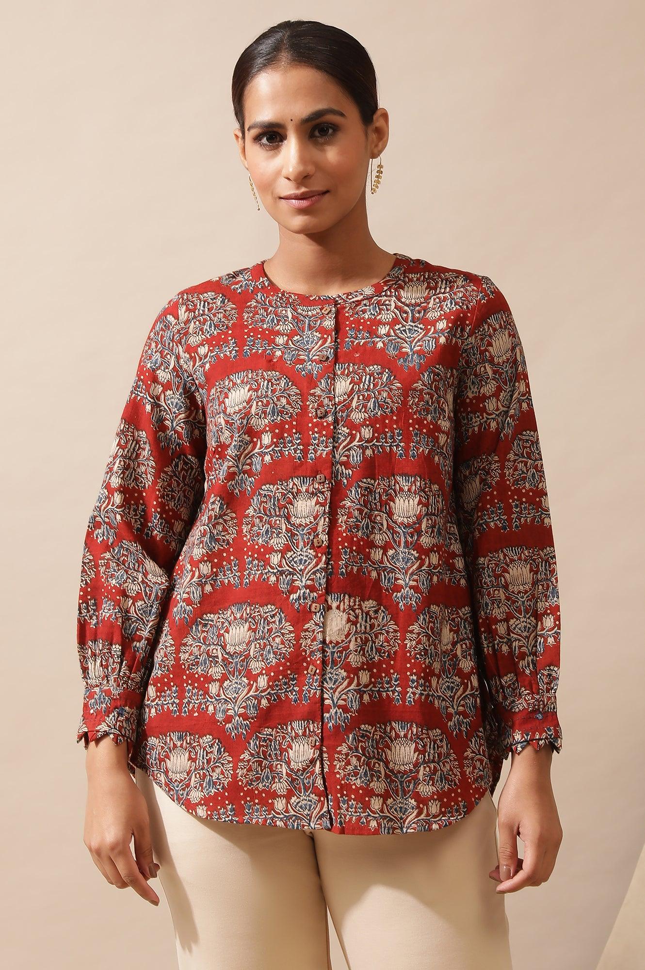 Red Shirt In Hand Block Kalamkari Print - wforwoman