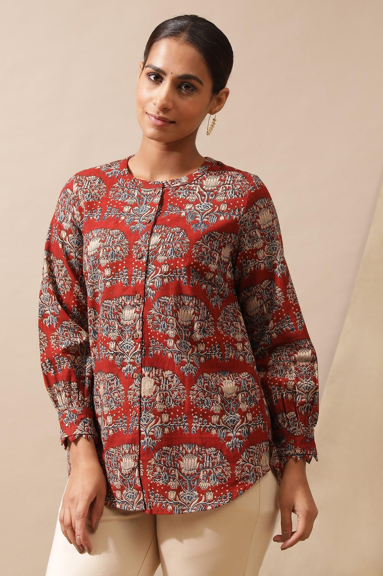 Red Shirt In Hand Block Kalamkari Print - wforwoman