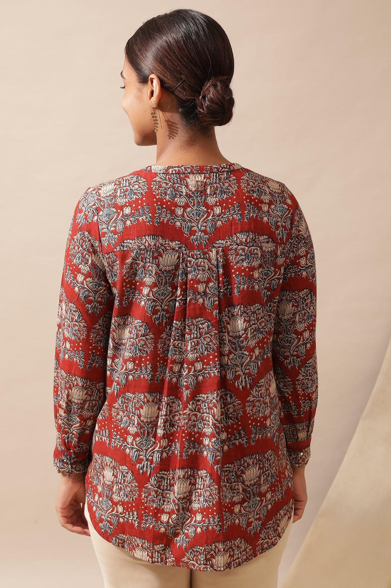 Red Shirt In Hand Block Kalamkari Print - wforwoman