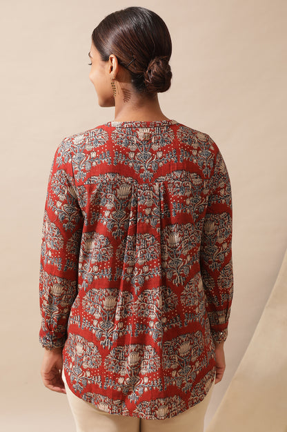 Red Shirt In Hand Block Kalamkari Print