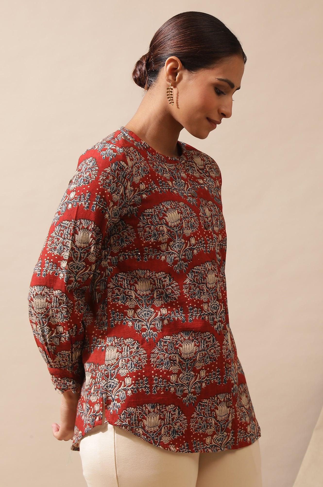 Red Shirt In Hand Block Kalamkari Print - wforwoman