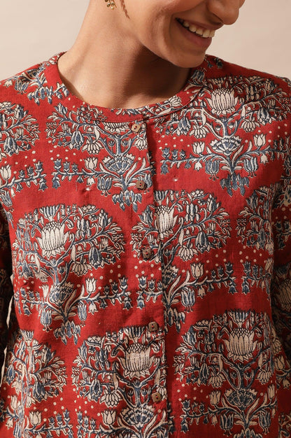 Red Shirt In Hand Block Kalamkari Print - wforwoman