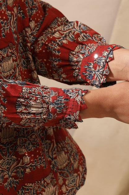 Red Shirt In Hand Block Kalamkari Print - wforwoman