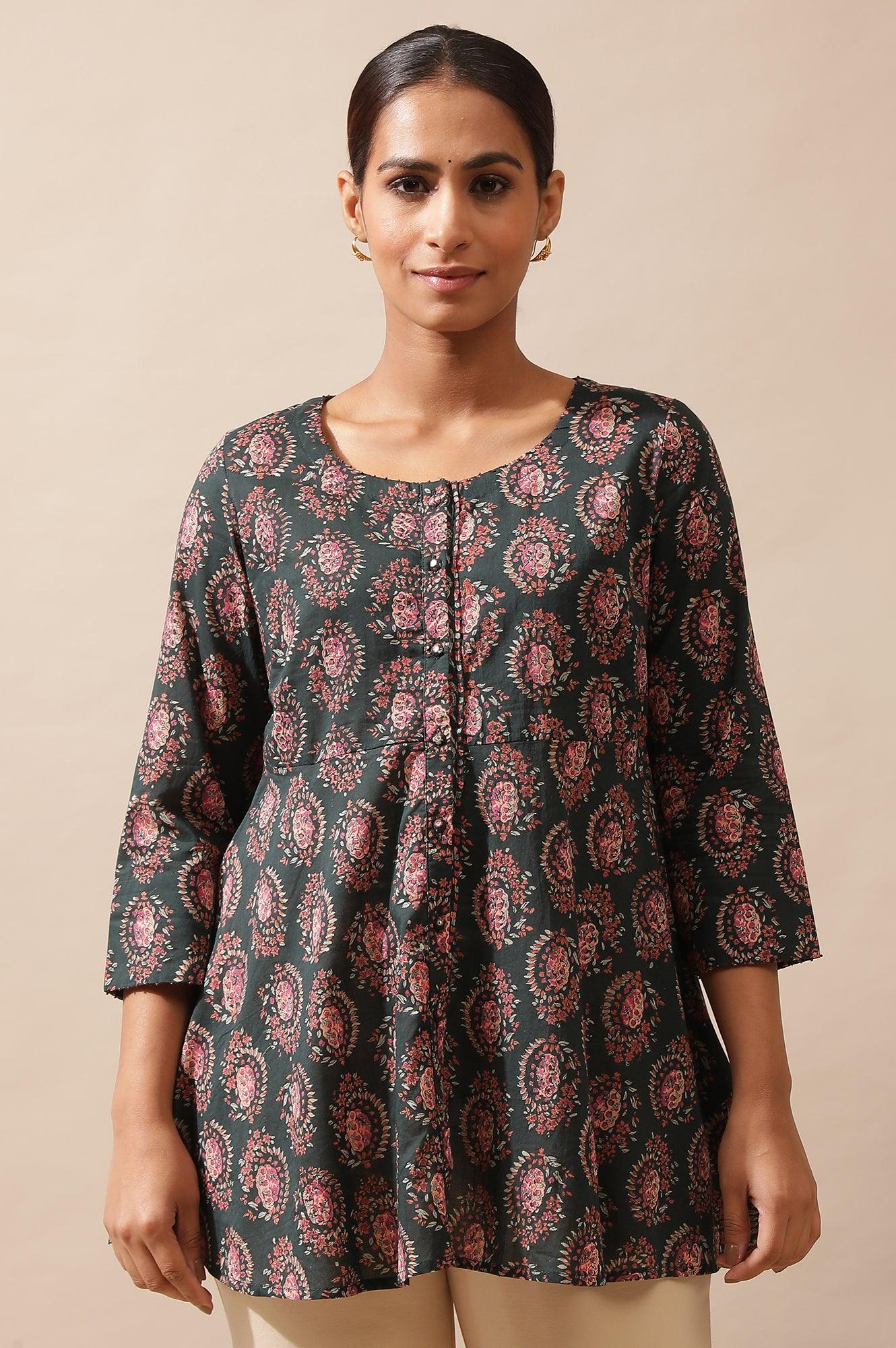 Dark Green Hand Block Print Circular Hem Top - wforwoman